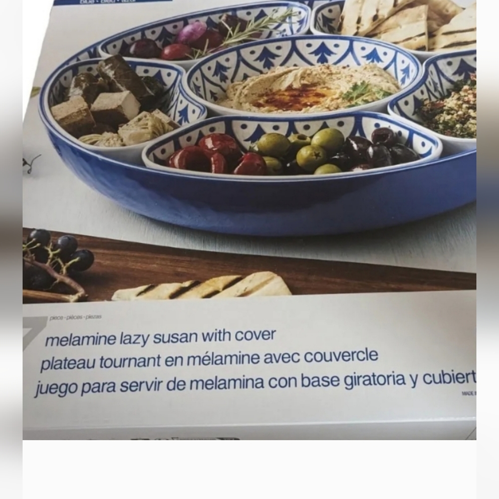 7 Piece Melamine Lazy Susan With Cover Divided Serving Dishes blue new
